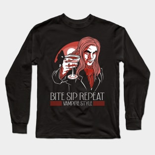 Bite Sip Repeat Funny Vampire Halloween Costume Long Sleeve T-Shirt